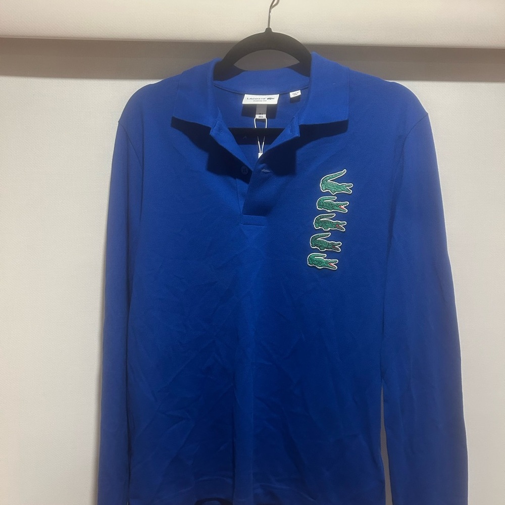 Lacoste Men's Blue Long-Sleeve Polo with Green Crocodile Patch